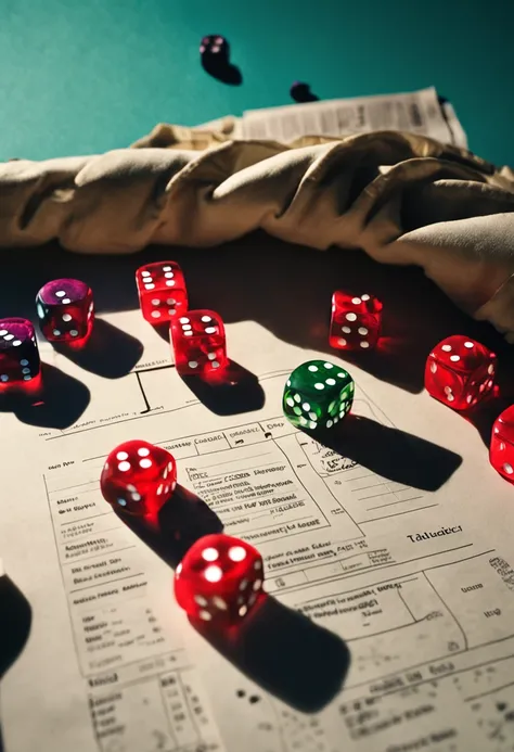 Three dice rolled on a table with multiple papers