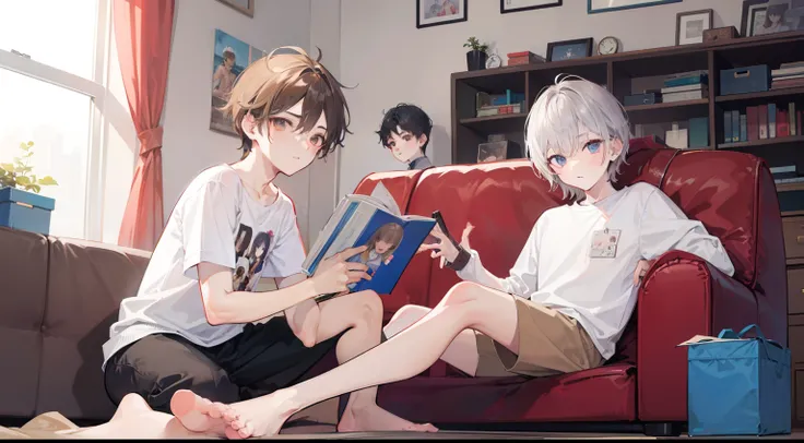 Two Boys, Silver-haired boy and brown-haired boy, Boys room、sofas、Boys Love、Read doujinshi、hight resolution、ultra-detailliert