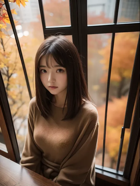 the Extremely Detailed CG Unity 8K Wallpapers、top-quality、ultra-detailliert、​masterpiece、studio shoot、Full body portrait、From  above、(Autumn clothes:1.4), realisitic、Behind the photo、large full breasts、realisitic、Photo Real、extremely detailed cute girl、独奏、...