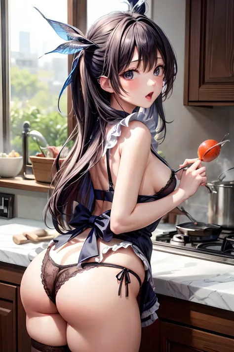 Hi-Res、​masterpiece、Perfect litthing、bloom、电影灯光、grabbing anothers ass、Childrens small hands、１femele、A MILF、a matural female、Glossy、looking at viewert、POV、from the rear、frombelow、Sexy Apron、Panties under the apron、s ass、Surprised、Opening Mouth、 (fish-eye le...