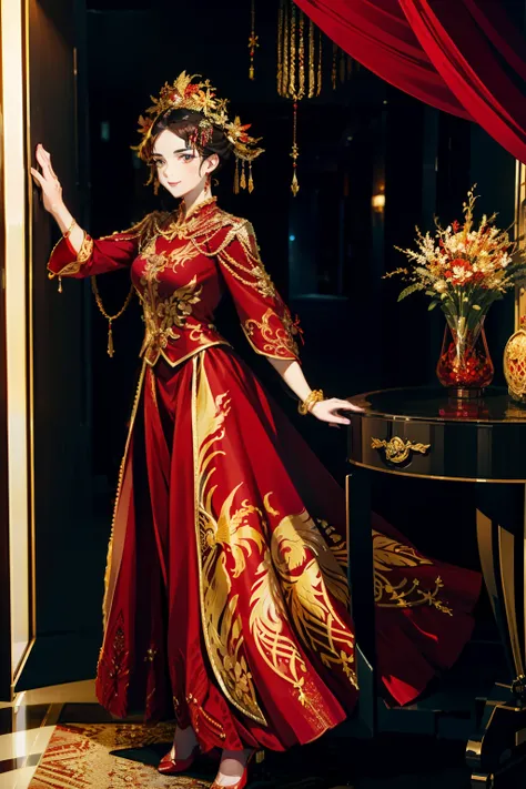 Best Picture Quality，tmasterpiece，A woman in a red and gold dress，Phoenix crown，frontage，In the lobby