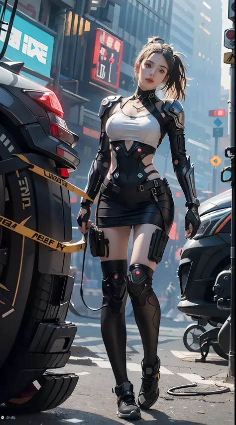 Best Quality)), ((Masterpiece)), (Very Detailed:1.3), 3D, Beautiful (Cyberpunk:1.3)), 1 girl, full body, ponytail white hairstyle, big breast, slender body, slender hips, big breasts, Lying Down with Hands Behind the Head , bottom angles, from below, weari...