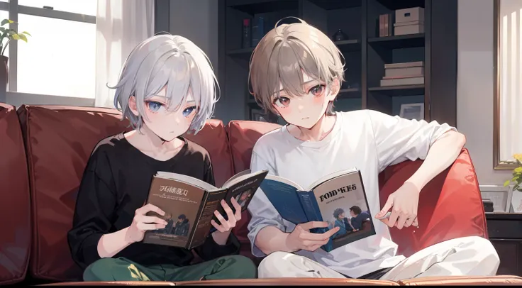 Two Boys, Silver-haired boy and brown-haired boy, Boys room、sofas、Boys Love、Read doujinshi、hight resolution、ultra-detailliert