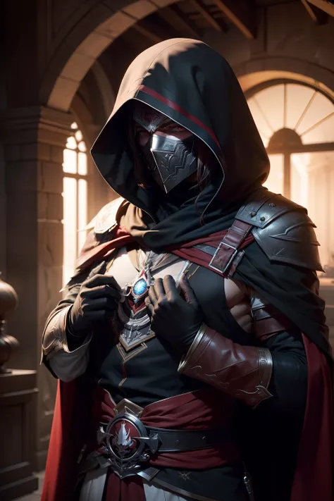 (top Quority，high-class，detail-rich，Ultra photo realsisim：1.2)Full face mask，assassins creed，Full hands on chest，The cloak covers the head，Only the eyes leak out，Both eyes are red，Dark Department，cold-hearted