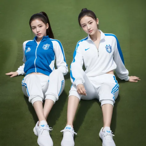 1 very beautiful beautiful high school student，Wear blue and white tracksuits，Play with the ball on the grass of the football field，（On the grass:1.02），Super high value，perfect body figure，Beautiful short ponytail，Delicate hair，Fair face and skin，Beads of ...