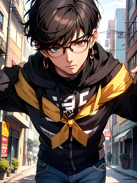 1boy, face focus, earrings, retro big round glasses, beautiful accurate black eyes, hime haircut, black jacket, black jeans, his in the neigborhood, looking at viewer, high resolution, ultrasharp, 8k, masterpiece