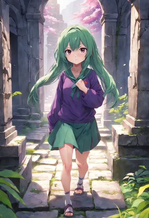 ancient ruin、Stone walkway、Anime girl with purple hair and green shirt, anime moe art style, render of april, Misato Katsuragi, young anime girl, Smooth Anime CG Art, Anime visuals of cute girls, made with anime painter studio, (Anime Girl), render of a cu...