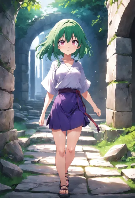 ancient ruin、Stone walkway、Anime girl with purple hair and green shirt, anime moe art style, render of april, Misato Katsuragi, young anime girl, Smooth Anime CG Art, Anime visuals of cute girls, made with anime painter studio, (Anime Girl), render of a cu...