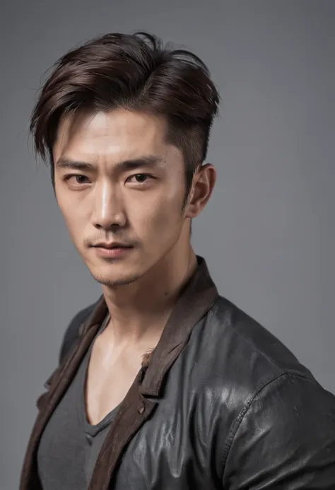 a portrait photo of, Wallace Huo  and TOP BigBang mix headshot as a weathered 30-year-old man, ugliness, Hideous, lanyard, broad shoulder, well built, rugged, short copper black-colored hair, Hair tied in a loose ponytail, Widows peak,Whole body muscles ，C...