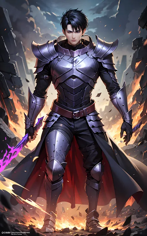 Guts (Berserk) full body scene with  black  hair, handsome face 20 years old, cold, fiery eyes, center, full body black armor inspired by dragon scales reflecting hell fire and purple black lightning.