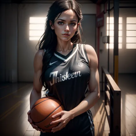 beautiful mature college girl, wearing basketball outfit, in basketball court, slim, petite,, photorealistic, photo, masterpiece, realistic, realism, photorealism, high contrast, photorealistic digital art trending on Artstation 8k HD high definition detai...