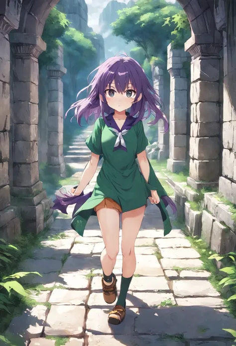 ancient ruin、Stone walkway、purple color  hair、Anime girl wearing a green shirt, anime moe art style, render of april, Misato Katsuragi, young anime girl, Smooth Anime CG Art, Anime visuals of cute girls, made with anime painter studio, (Anime Girl), render...