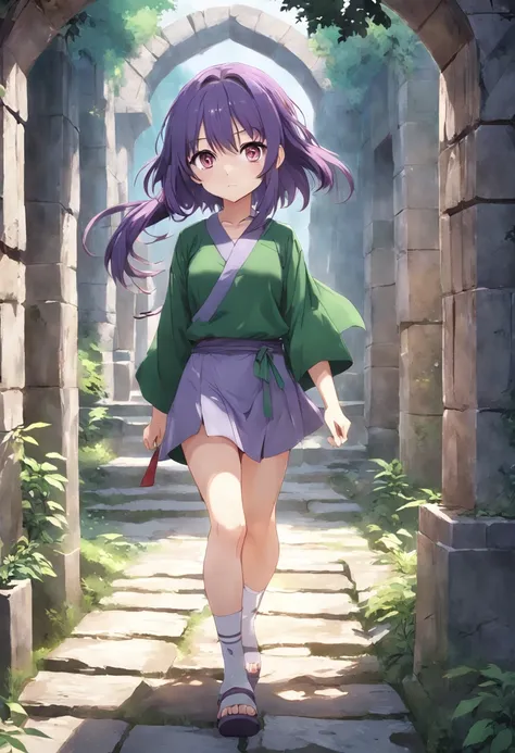 ancient ruin、Stone walkway、purple color  hair、Anime girl wearing a green shirt, anime moe art style, render of april, Misato Katsuragi, young anime girl, Smooth Anime CG Art, Anime visuals of cute girls, made with anime painter studio, (Anime Girl), render...