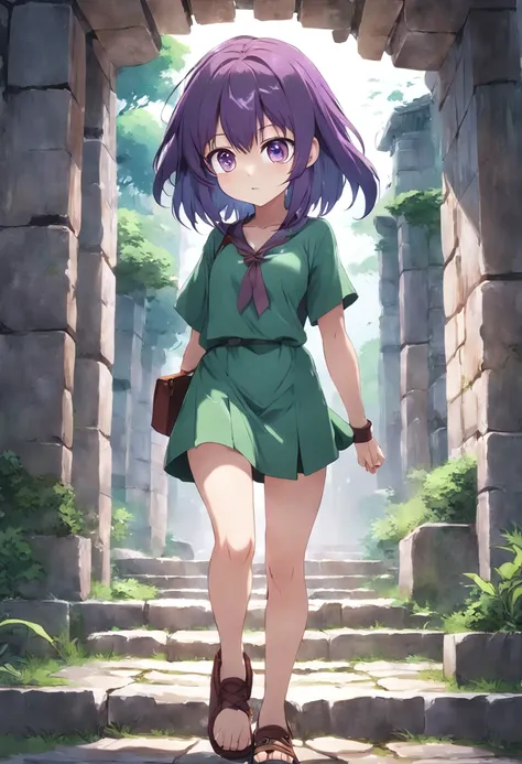 ancient ruin、Stone walkway、purple color  hair、Anime girl wearing a green shirt, anime moe art style, render of april, Misato Katsuragi, young anime girl, Smooth Anime CG Art, Anime visuals of cute girls, made with anime painter studio, (Anime Girl), render...