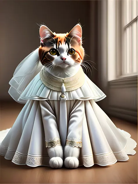 Cat Wedding Photos, wedding dress, Art Station Trends, Wear wedding dress clothes, hyper realistic detailed rendering, Urban style, Stare Pose, Cat Planet, Fashion Clothing,  meow,