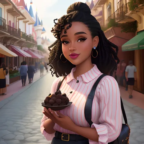 uma mulher negra segurando trufas, estilo disney