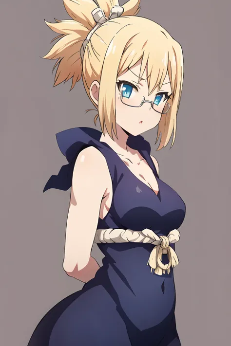 upper body, 1girl, sleeveless dress, cleavage, arms behind back, kohaku, blonde hair, blue eyes, small breasts, solo, wide hips, standing, simple background, (((glasses:0.9))), ((tsundere)), tall, beautiful, medium breast, ((round eyewear:0.9)), ((military...