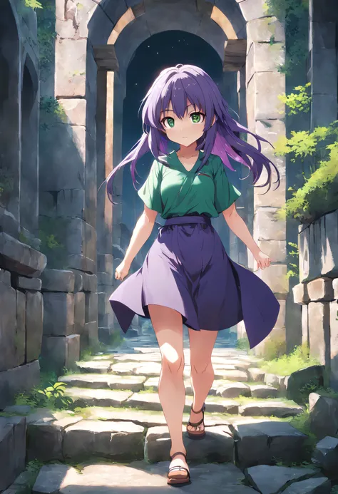 ancient ruin、Stone walkway、purple color  hair、Anime girl wearing a green shirt, anime moe art style, render of april, Misato Katsuragi, young anime girl, Smooth Anime CG Art, Anime visuals of cute girls, made with anime painter studio, (Anime Girl), render...