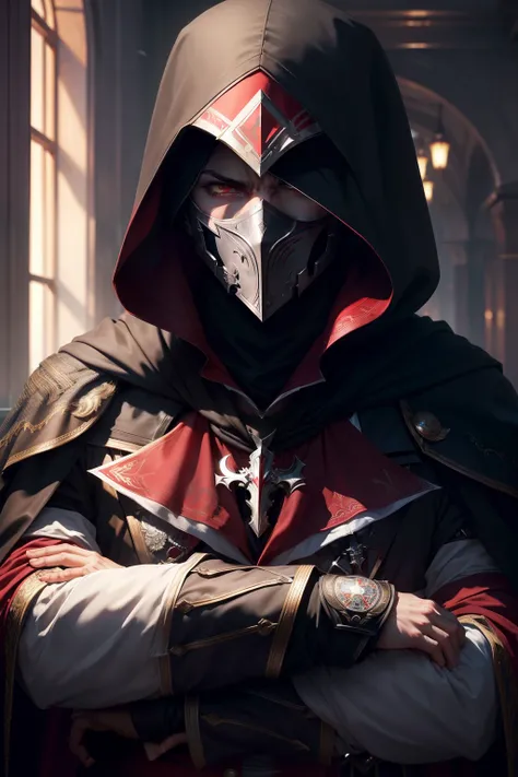 (top Quority，high-class，detail-rich，Ultra photo realsisim：1.2)Full face mask，assassins creed，Cross your arms over your chest，The cloak covers the head，Only the eyes leak out，Both eyes are red，Dark Department，cold-hearted