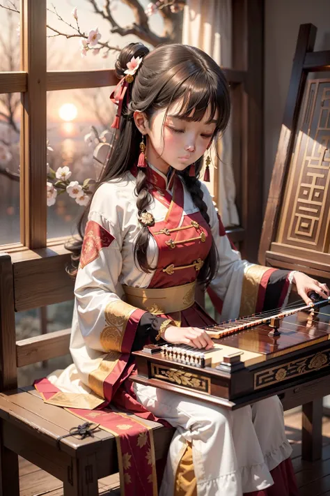 the sunset，teens girl，Antique costume，cabelos preto e longos，beside the window，pale yellow long skirt，Sit cross-kneeled，Guzheng on a low wooden frame，The guzheng is placed on a low wooden frame in front of the girl，Play the guzheng，Close your eyes and feel...