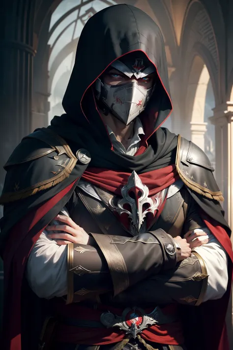 (top Quority，high-class，detail-rich，Ultra photo realsisim：1.2)Full face mask，assassins creed，Cross your arms over your chest，The cloak covers the head，Only the eyes leak out，Both eyes are red，Dark Department，cold-hearted