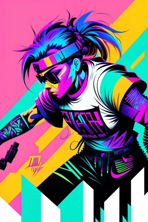 colorful graffiti illustration of nike cyberpunk, frontal perspective, action shot, vibrant color, high detail, white background. --auto