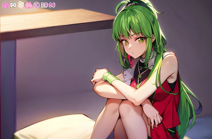 Anime girl with green hair sitting on bed, seductive anime girls, Anime moe art style, (Anime girl), drawn in anime painter studio, Sitting on the bed,Wrap your arms around your knees，Purple eye，Red vest，Anime beauty，Purple pupils