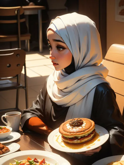 there is a woman sitting at a table with a plate of food, white hijab, hijab, profile picture 1024px, siya oum, dilraba dilmurat, inspired by Fathi Hassan, inspired by Nazmi Ziya Guran, with cute - fine - face, ruan cute vtuber, portait photo profile pictu...