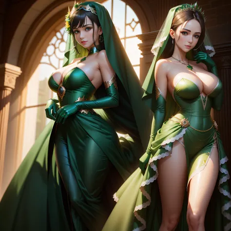 Two women in green dresses pose for photos, wlop and ArtGerm, wlop and sakimichan, artgerm and wlop, ruan jia and artgerm, range murata and artgerm, artist artgerm i and wlop, aly fell and artgerm, wlop and ross tran, green robes, the kiss, lesbian