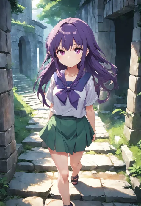 ancient ruin、Stone walkway、purple color  hair、Anime girl in a green shirt, anime moe art style, render of april, Misato Katsuragi, young anime girl, Smooth Anime CG Art, Anime visuals of cute girls, made with anime painter studio, (Anime Girl), render of a...