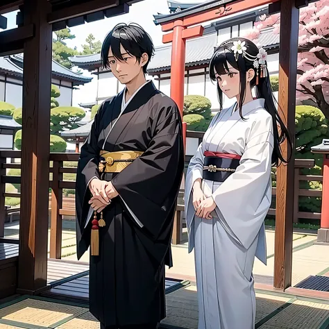 Good old Japan kimono wedding from ancient times、The son-in-law is wearing a black crested hakama and the daughter-in-law is wearing TUNOKAKUSI in pure white Japanese attire.、Held in the precincts of the Japan shrine、Masterpiece、realisitic