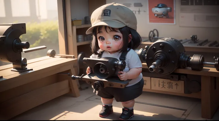 A slightly chubby girl of 3 years old in China， Wear a cap，Gray tooling，Gray trousers，Lathe operation，Workshops, Workshops，assembly line，Black hair， adolable， with brown eye，by Pixar, tchibi，frontage，Full body portrait