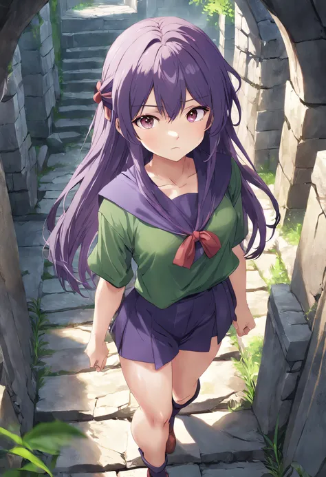 ancient ruin、Stone walkway、Anime girl with purple hair and green shirt, anime moe art style, render of april, Misato Katsuragi, young anime girl, Smooth Anime CG Art, Anime visuals of cute girls, made with anime painter studio, (Anime Girl), render of a cu...