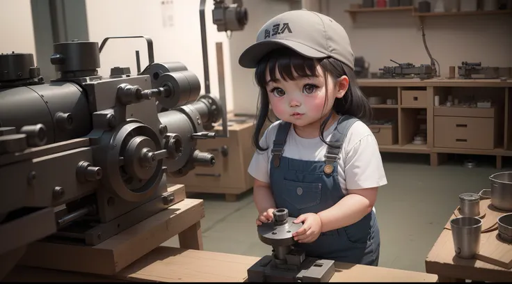 A slightly chubby girl of 3 years old in China， Wear a cap，Gray tooling，Gray trousers，Lathe operation，Workshops, Workshops，assembly line，Black hair， adolable， with brown eye，by Pixar, tchibi，frontage，Full body portrait