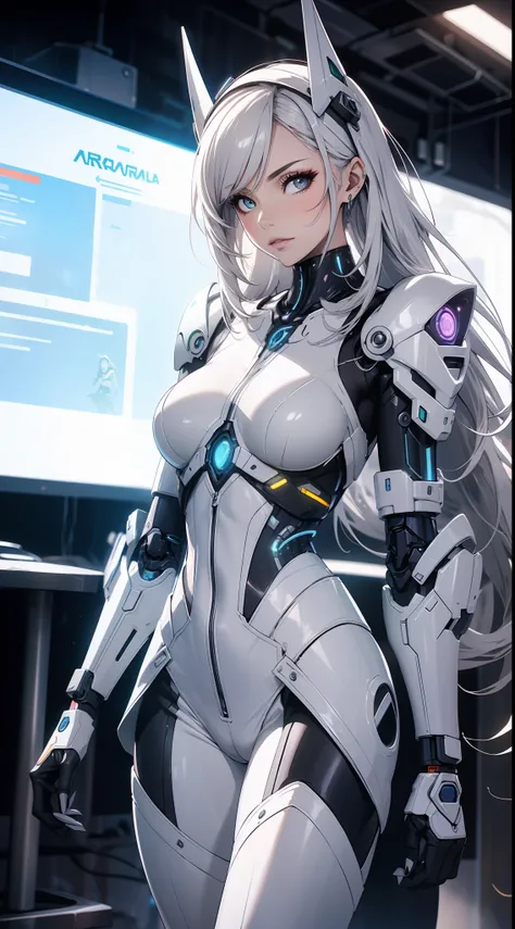 Arafed Mujer con un traje futurista posando para una foto, en armadura futurista blanca, girl in mecha cyber armor, Renderizado del motor irreal + una diosa, Armadura cyborg de porcelana, Armadura blanca brillante, cuerpo cyborg ginoide, Hermosa y atractiv...