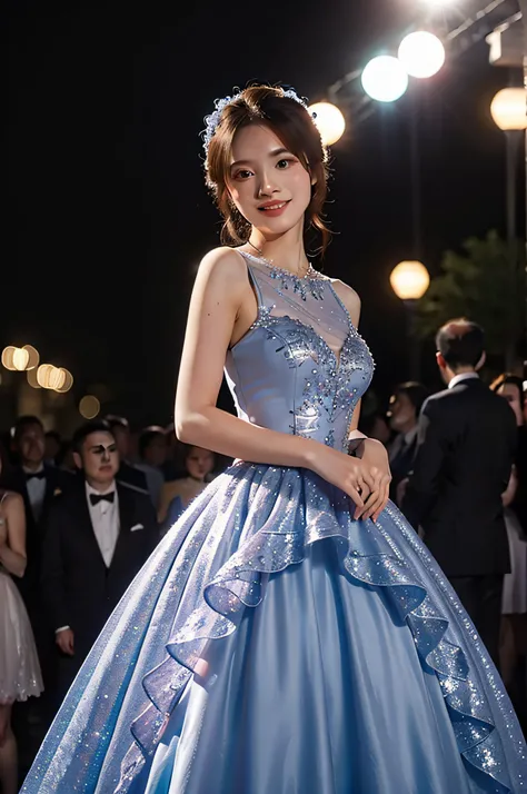 breathtaking 8k, masterpiece, (crystalline dress), ball gown, head tilt, coquettish smile, crowd, bokeh, ballroom