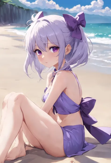 Anime girl sitting on the beach，Wears a purple bow, Guviz-style artwork, seductive anime girls, Guviz, Extremely detailed Artgerm, attractive anime girls, Beautiful anime girl, beautiful and seductive anime woman, IG model | Art germ, beautiful alluring an...