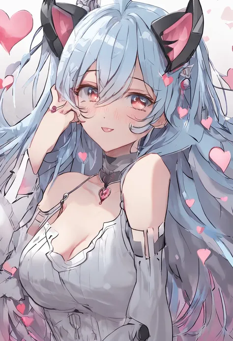 1girll,full bodyesbian,long eyelasher, Silver hair, Light blue hair, Gradient hair, hair pin, Hairpin, hair adornments, Heart-shaped pupils, Pink eyes, Cat ears, Light smile, Shy, Blush, hearts in eyes, anime big breast, Anime style, 8K, Super detail, Best...