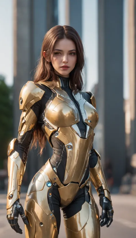 a woman in a futuristic Gold suit posing in park, cute cyborg girl, beutiful white girl cyborg, girl in mecha cyber armor with bright led, (perfect body:1.4), (Perfect proportions:1.4), (Long dark viking style Hair:1.4), Big Green Eyes, HDR (High Dynamic R...