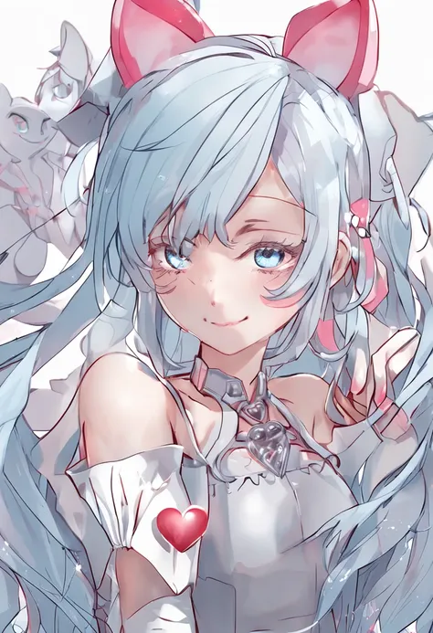 1girll,full bodyesbian,long eyelasher, Silver hair, Light blue hair, Gradient hair, hair pin, Hairpin, hair adornments, Heart-shaped pupils, Pink eyes, Cat ears, Light smile, Shy, Blush, hearts in eyes, anime big breast, Anime style, 8K, Super detail, Best...