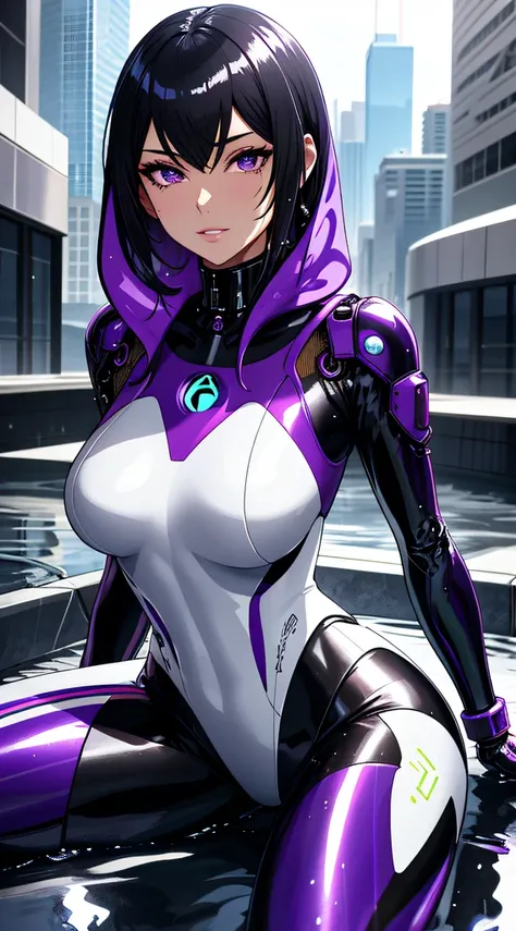 Alafard woman in a wetsuit sitting in a puddle, glossy wet skin!!, Wet shiny skin, made of liquid purple metal, broken beautiful female android!, beautiful female android!, perfect android girl, seductive anime girls, Biomechanical OPPAI, an oppai cyberpun...