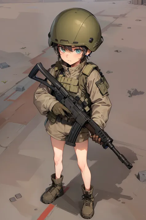 Boy soldier with rifle, (Boy soldier in short shorts), (oversized jacket:1.5), (Tactical Vest:1.5), Lightweight Helmet, Undecorated helmets, lace-up boots, 6-year-old boy, Little boy, Short brown hair, green eyes, slender legs, Skinny, child, bare legs, ((...