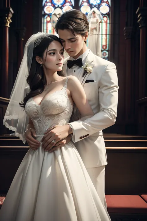 operating system romanticism wedding program, boy and  girl, intricate white tuxedo with wine_red dress_shirts and tie, intricate wedding dress girl, hug close pose, in the white ornament church background, (cinematic still:1.2), tonal contrast, 16k, very ...