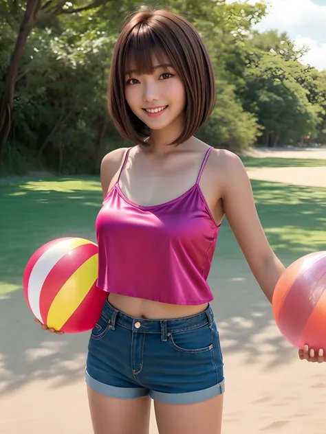 product quality, 1 girl, a cowboy shot, front view, a Japanese young pretty girl, bob hair, glamorous figure, wearing a satin pink camisole, wearing short pants, holding a beach ball in her both arms with a big smile on a grass in a crowded park, hyper cut...