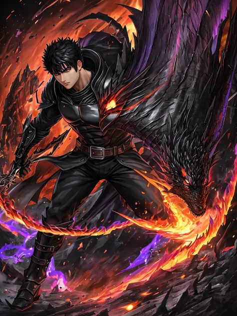 Full body scene of Guts (Berserk) with black hair, 20 years old handsome face, cold eyes, looking at viewer, scar on face, flaming, center, full body wearing black armor inspired by scales dragon reflects hell fire and purple black lightning.