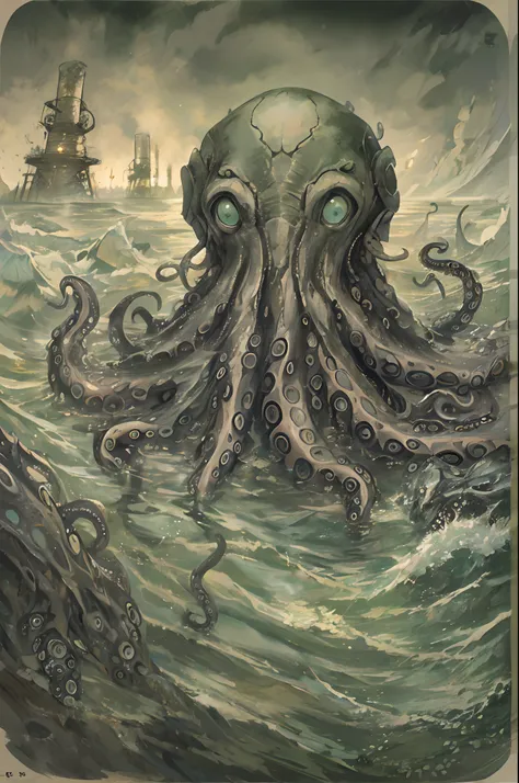 cthulhu,monster,(tentaculata:1.35)，a polluted underwater world，gloomy picture，(nuclear contamination:1.35)，（face:1.35）,（sarcoma：...