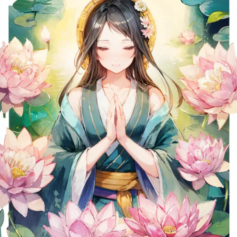 Painting of a woman in a kimono dress surrounded by lotuses, Archaic Smile, Close both eyes, Put your hands together, Lotus Floral Crown Girl, flower goddess, goddess of Japan, beautiful anime artwork, japanese art style, standing gracefully upon a lotus, ...