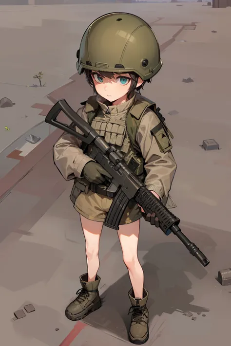 Boy soldier with rifle, (Boy soldier in short shorts), (oversized jacket:1.5), (Tactical Vest:1.5), Lightweight Helmet, Undecorated helmets, lace-up boots, 6-year-old boy, Little boy, Short brown hair, green eyes, slender legs, Skinny, child, bare legs, ((...