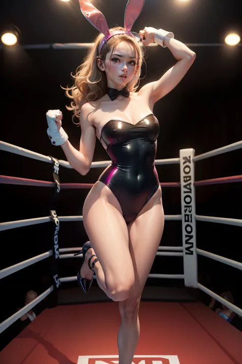 Playboy bunny standing and wearing strapless satin one-piece swimsuit and high heels fists raised ready to fight in a boxing ring