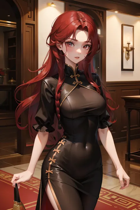 A long dark red curly hair、The face is delicate、Three-dimensional facial features，20-year-old girl with a bumpy figure，Wearing a black hip-wrapped cheongsam，Stand in the courtyard of a modern luxury villa